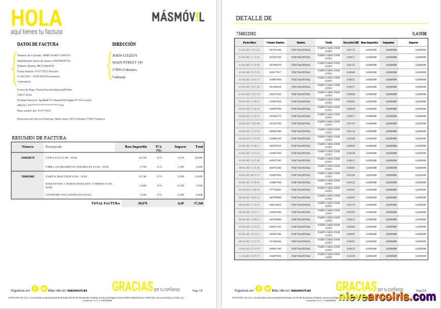 Spain Masmovil internet utility  bill, 6 pages